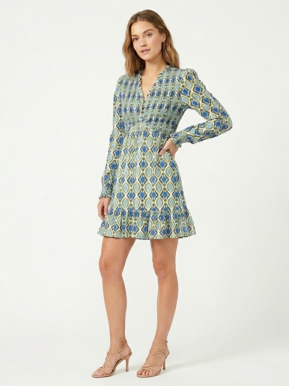 By Anthropologie Ruffle Mini Dress Smocked Long Sleeve Ikat Blue Green S